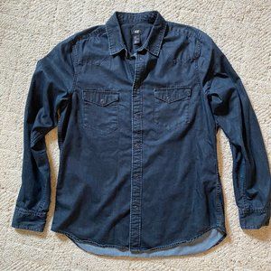 H&M Coated Denim Western Shirt, Navy Blue, Size Large